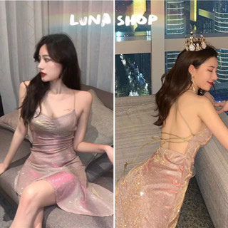 Luna shop🍑กระโปรงหางปลาไหล่เดียวเซ็กซี่ชุดเดรสมันเงา