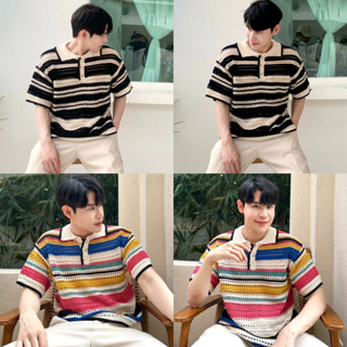 เสื้อคอปก แขนสั้น ลายริ้วฉลุรุ้ง สไตล์เกาหลี C43