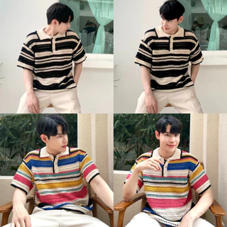 เสื้อคอปก แขนสั้น ลายริ้วฉลุรุ้ง สไตล์เกาหลี C43