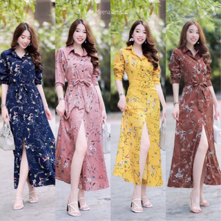 MM13630 เดรสเชิ้ตยาวกระดุมผ่าหน้าลายดอกไม้ Long dress shirt with front slits, floral pattern.