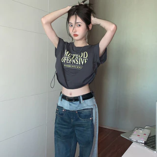 KSAพร้อมส่ง เสื้อครอปสาวอวบน่ารักๆ ท็อป oversize T-shirt เสื้อผ้าผู้หญิงสไตล์เกาหลี เสื้อยืดเอวลอยแขนสั้นแฟชั่น สกรีนลาย