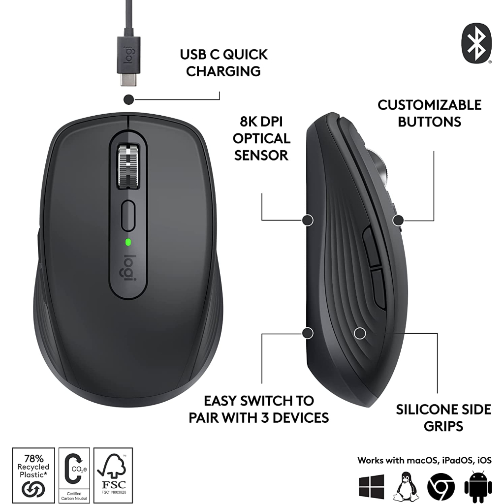 Logitech MX Anywhere 3S Bluetooth Compact Wireless Mouse เมาส์ไร้สายขนาดกะทัดรัด, ลากเมาส์ได้บนทุกพื้นผิว, คลิกเงียบ-1Y รูปที่ 8