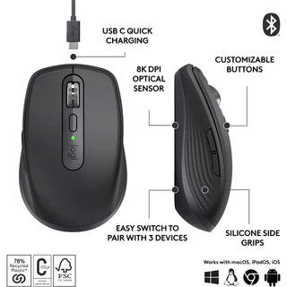 Logitech MX Anywhere 3S Bluetooth Compact Wireless Mouse เมาส์ไร้สายขนาดกะทัดรัด, ลากเมาส์ได้บนทุกพื้นผิว, คลิกเงียบ-1Y