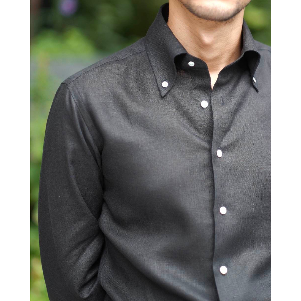black linen button-down collar long sleeve shirt เชิ้ตผ้าลินินสีดำคอปกกระดุมแขนยาว