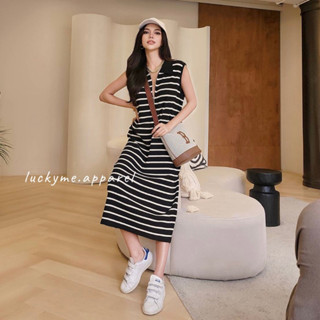 Stripe korea dress 💗 ครีม ดำ