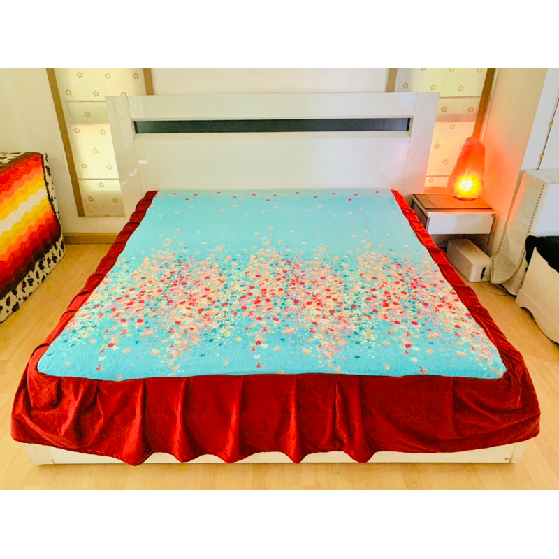 ผ้าคลุมเตียง (กระโปรงเตียง) หรือผ้าปูที่นอน (แบบหนา) ขนาด 5.5-6ฟุต สีฟ้าลายดอกวินเทจ มือสองสภาพดี สินค้าญี่ปุ่นเกาหลีแท้