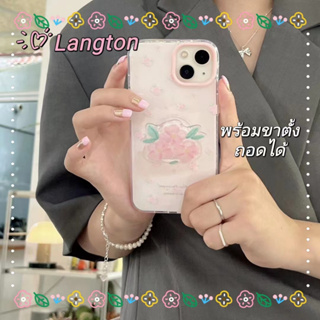 🌈Langton🌸ป้องกันการหล่น ขอบเต็ม iphone 11 14 pro max ขาตั้ง ถอดได้ เคสใส เล็กและสด สีชมพู case for iPhone 12 13