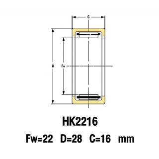 API HK2216 ลูกปืนเข็ม มีเปลือก 22x28x16 mm.