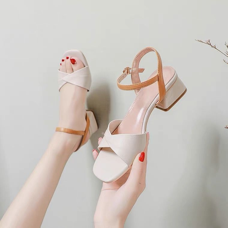 🧡พร้อมส่ง🧡หนังแท้ รองเท้าส้นสูงผู้หญิง เปิดนิ้วเท้า 1.5 นิ้ว ส้นหนา เกาหลีใต้ สบายๆและสบายๆ ย้อนยุค