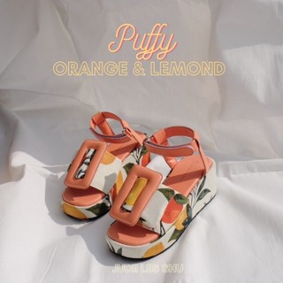 สีมาใหม่ สีส้ม รุ่น Puffy  รองเท้าJudii Les Shu รองเท้าส้นตึกหัวเข็มขัดรัดส้น ฟองน้ำฟู3เท่า