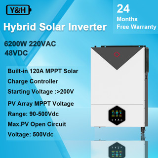 Y&amp;H 6.2KW อินเวอร์เตอร์ไฮบริดพลังงานแสงอาทิตย์แบบเปิด/ปิดกริด 48VDC คลื่นไซน์บริสุทธิ์ AC220V เอาต์พุต MPPT 120A เครื่องชาร์จพลังงานแสงอาทิตย์ พลังงาน PV สูงสุด 6500W อินพุต