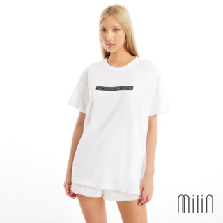 [MILIN] Merle Straight hem relaxed fit with embroidered label short sleeves T-Shirt เสื้อยืดแขนสั้นฟรีไซส์คอกลมทรงตรง