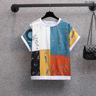 21-1158 เสื้อคอกลมทรงค้างคาว พิมพ์ลาย
