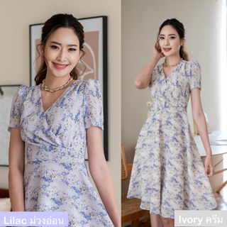 PD190 Floral Dress : 2090 บาท เดรสผ้าชีฟอง คอวีป้าย แต่งเพชร แขนสั้น กระโปรงบานย้วย