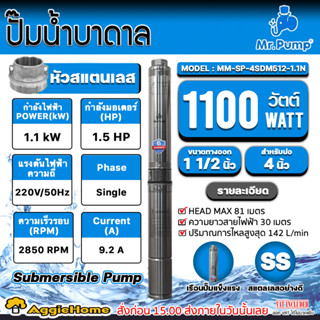 MR.PUMP ปั๊มบาดาล AC รุ่น 3SDM321-1.1N 220V./ 1.5HP/ ท่อ11/4"/ 21ใบ / สายไฟ 30 เมตร /สำหรับลงบ่อ 3นิ้ว ปั๊มบาดาล ปั๊มน้ำ