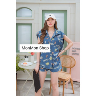 ~MONMONSHOP😊MON6823~ ชุดเซตผ้ายีนส์เนื้อดี สกรีนลายการ์ตูนสุดน่ารัก งานสวยมากๆเลยนะคะ กางเกงแต่งสม๊อคยืดอย่างดีคะ สามารถ