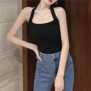 PX เสื้อไหมพรมคล้องคอ เสื้อไหมพรมผู้หญิง สไตล์ฮ่องกง เซ็กซี่ ผูกโบว์ด้านหลัง สีแดงไวน์ สีดำเบสิก