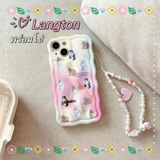 🌈Langton🌸สไตล์สร้อยข้อมือ เคสใส ป้องกันการหล่น ขอบเต็ม iphone 11 14 pro max การ์ตูน ลูกแมว คลื่น case for iPhone 12 13