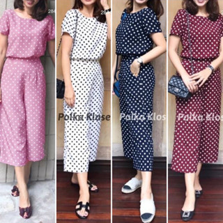 2844 Set 2 ชิ้น Polka Dot แขนสั้น กับกางเกงขาบานกระบอกใหญ่ 6 ส่วน ผ้าโพร์เวย์ จุดคลาสิค เนื้อผ้าใส่สบ