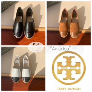 U.S OUTLET tory burch แท้ รองเท้าส้นแบนผู้หญิง  หนังแกะเย็บเชือกป่าน  รองเท้าสตรีสีเข้ากัน  รองเท้าลำลอง แท้