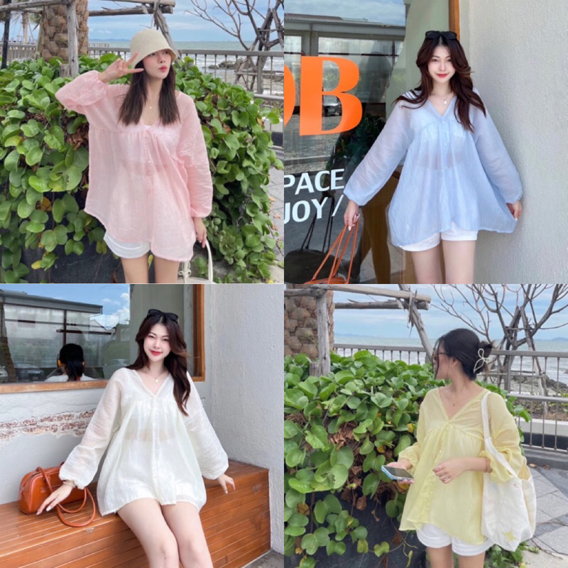 maybeshop🦋เสื้อคอวีแขนยาวปลายแขนจั๊มแต่งกระดุมดอกไม้ผูกเชือกด้านหลัง เสื้อไปเที่ยวทะเลคาเฟ่ อก40"
