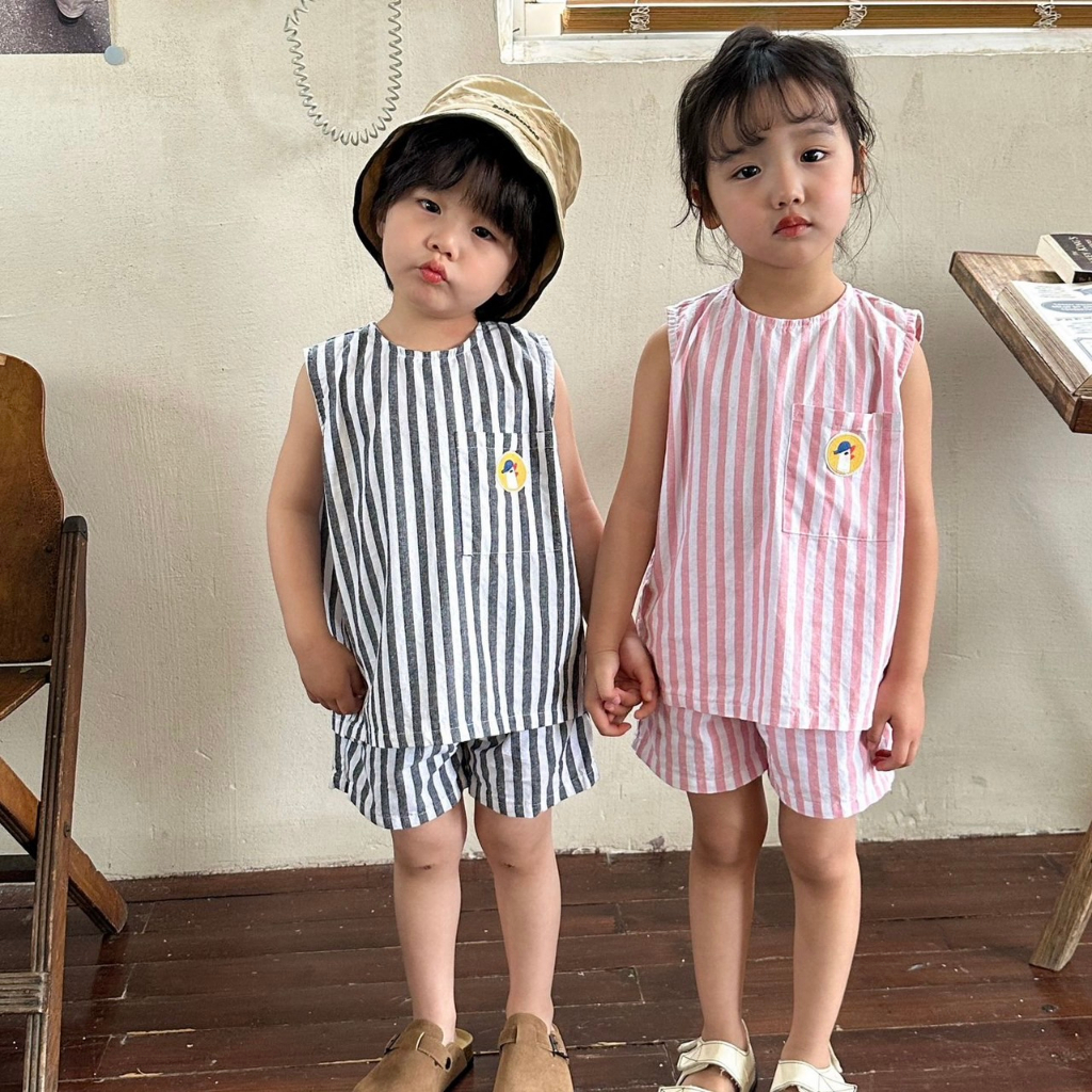 (130/140พร้อมส่ง!!) ชุดเซ็ทแขนกุดลายทาง ชุดคู่พี่น้อง