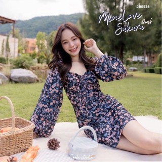 Joob Studio🎉Minelove Sakura dressใหม่ Sz.Mดรสแขนยาวผ้า jacquard ทอลายดอกไม้พื้นสีดำดอกสีโทนชมพูฟ้า