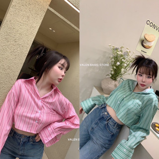 Korea stripe crop shirt•เสื้อเชื้ตทรงครอป#tagvalen