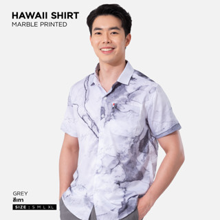 เสื้อฮาวายแขนสั้น HAWAII SHIRT,เสื้อเชิ้ต,เสื้อผู้ชาย สีแทา-ขาว (พร้อมส่ง)