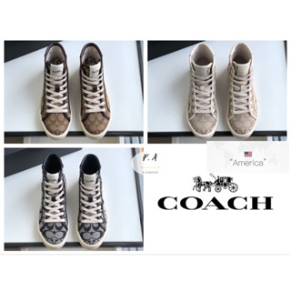 U.S OUTLET coach C โลโก้ผูกเชือกรองเท้าลำลองสตรีสูงด้านบน  รองเท้าผ้าใบสตรี  รองเท้าสเก็ตรองเท้าลำลองรองเท้าผ้าใบแบนสตรี