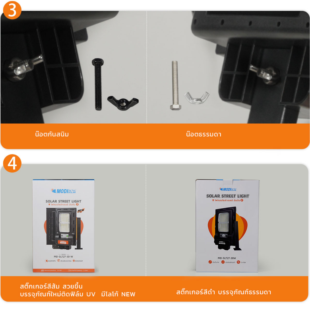 MODI ไฟถนนโซล่าเซลล์ 30W แสงขาว/เหลือง daylight warmlight ขาเหล็ก สว่างค้าง โคมไฟพลังงานแสงอาทิตย์ - 2