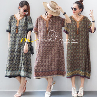 MondLuneCloth  New arrivals Korea style  Long dress เดรสคอVแขนสั้น แต่งอะไหล่คอ งานสวยสดุดตา ด้วยลายผ้า fabric span สปัน