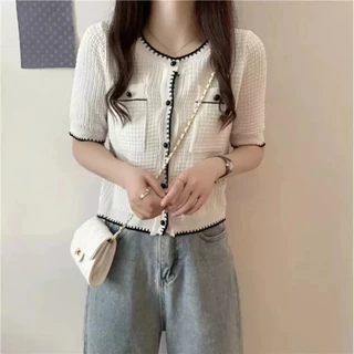 DODO🌟พร้อมส่ง​🌟​เสื้อคอกลมแขนสั้นแต่งกระเป๋าสองข้างทรงสวยฮิตสไตล์คุณผู้หญิงสีดำ/สีขาว(10029)