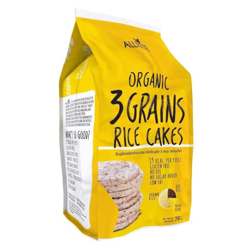 ขนม ขนมกินเล่น เค้กข้าว ออแกนิค อบกรอบ ธัญพืช 3 ชนิด กลูเตนฟรี Organic Rice Cakes 3 Grains Gluten free snack 80g Allrite