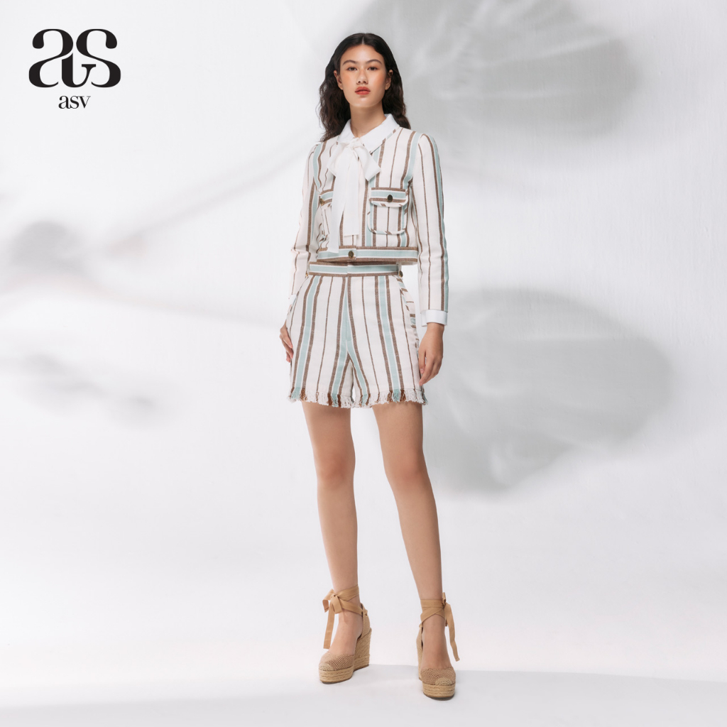[asv pf23] Jamille Multi Striped Shorts กางเกงผู้หญิง ขาสั้น ตัดต่อผ้า แต่งเชือกผูกเอว แต่งกระเป๋าหลัง ชายแต่งพู่