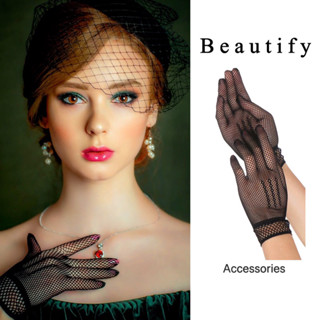 𝓑𝓮𝓪𝓾𝓽𝓲𝓯𝔂 ถุงมือตาข่ายยืดหยุ่นซีทรูหรูหราสไตล์วินเทจ พร็อพสำหรับงานปาร์ตี้ย้อนยุค