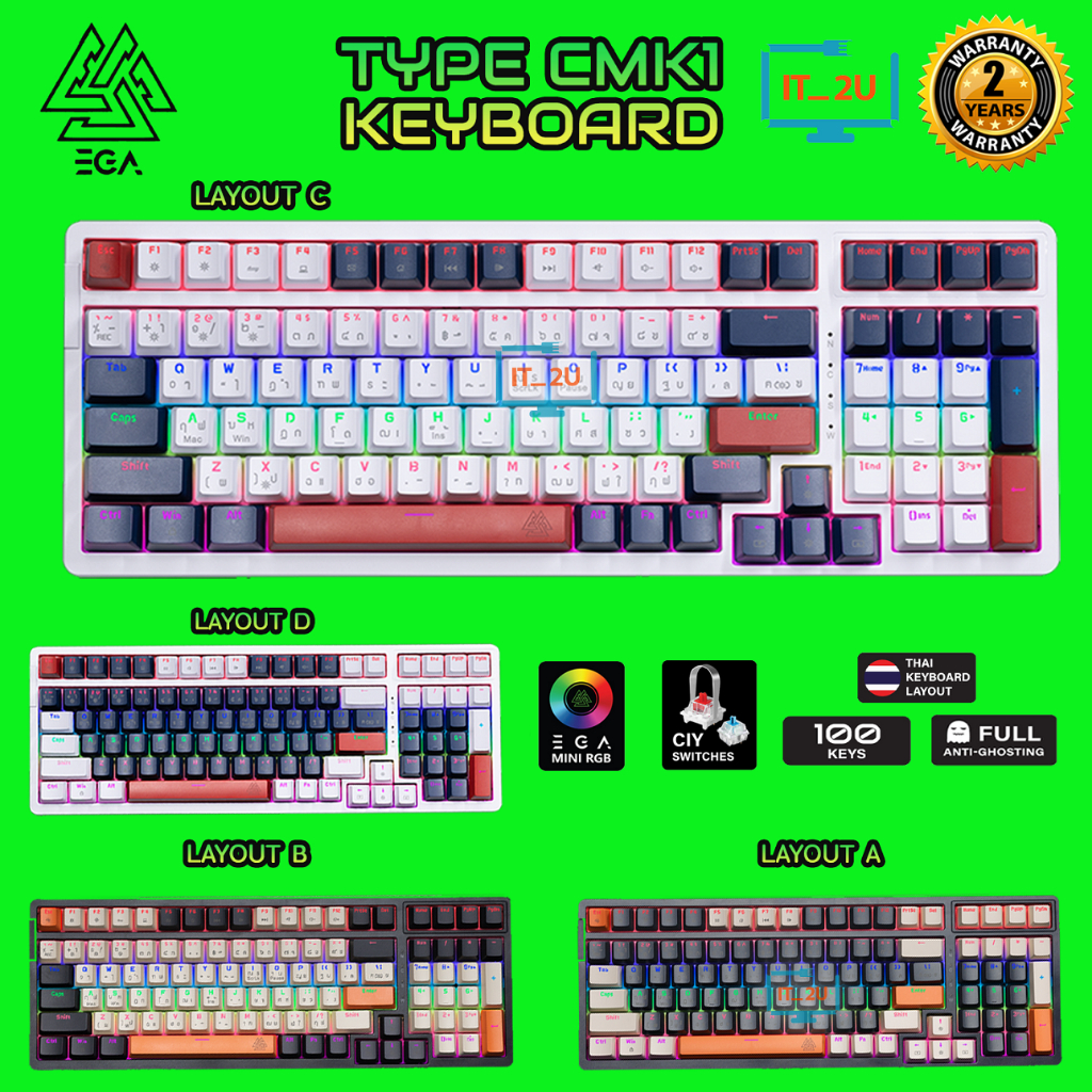 EGA Type CMK1 Mechanical Gaming Keyboard CIY Hot-Swap Custome 4 ดีไซน์ 2 สวิตต์ Blue/Red คีย์บอร์ดเก
