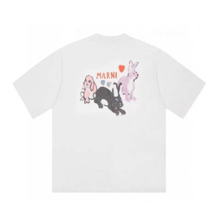 MARNI WHITE BIO COTTON T-SHIRT WITH MULTICOLOUR RABBIT GRAPHICS ARTWORK BY FLAMINIA VERONESI