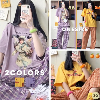 💥HOT SALE💥เซ็ตแฟชั่นเสื้อยืดสกรีนลาย +กางเกงขายาวลายสก็อต ใส่นอนหรือใส่เที่ยว