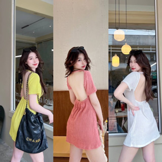 พร้อมส่ง🌈minidress เดรสสั้น แขนสั้น โชว์หลังสุดแซ่บ🍉สาวอวบใส่ได้