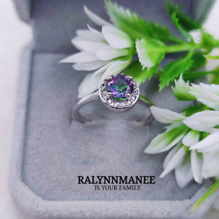 R6421 แหวนพลอยมิสทิคโทพาซแท้ ( Mystic topaz ) ตัวเรือนเงินแท้925 ชุบทองคำขาว มีไซส์ 55 แก้ไซส์ฟรี