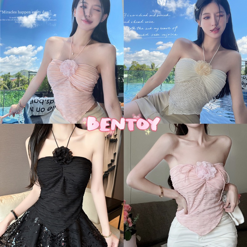 Bentoy(bratop2248)เสื้อเกาะอก มีฟองน้ำ jisoo flowerดีเทลสายห้อยคอ สม็อคหลัง แต่งดอกใหญ่หน้าอก ชายสามเหลี่ยม รัดรูป