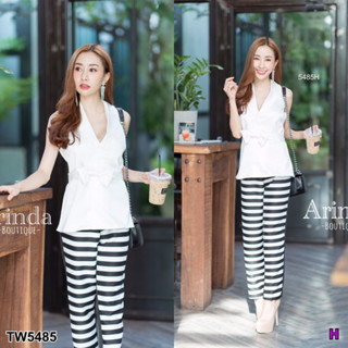 CS5485 Set เสื้อแขนกุดคอปกติดโบว์+กางเกงลายริ้ว Set: sleeveless top with bow collar + striped pants