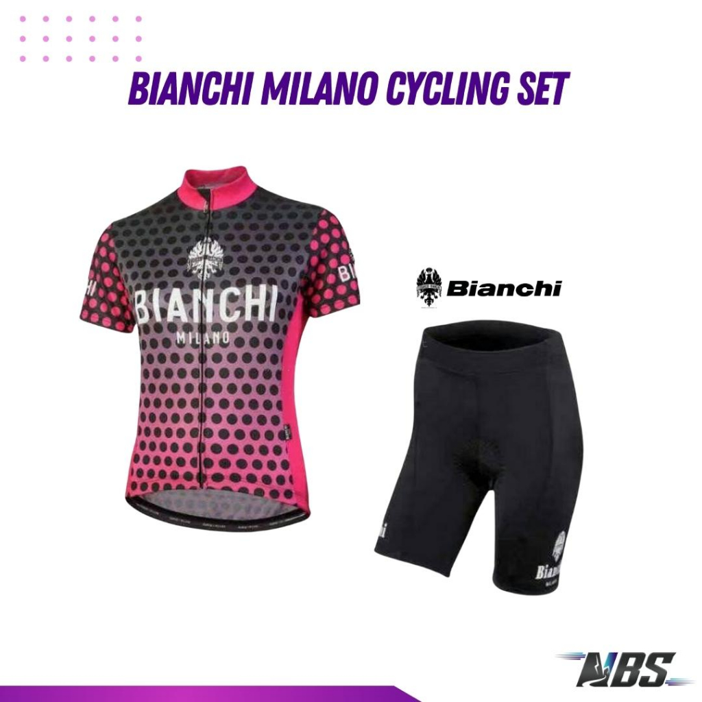 ชุดเซ็ทเสื้อ+กางเกง ชุดปั่นจักรยาน Bianchi Milano Cycling Set สีชมพูลายจุด