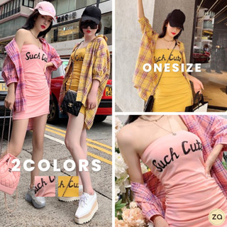 💥HOT SALE💥เดรสเกาะอก ลาย Such Cute อกสม็อค (ไม่มีเสื้อคลุม)