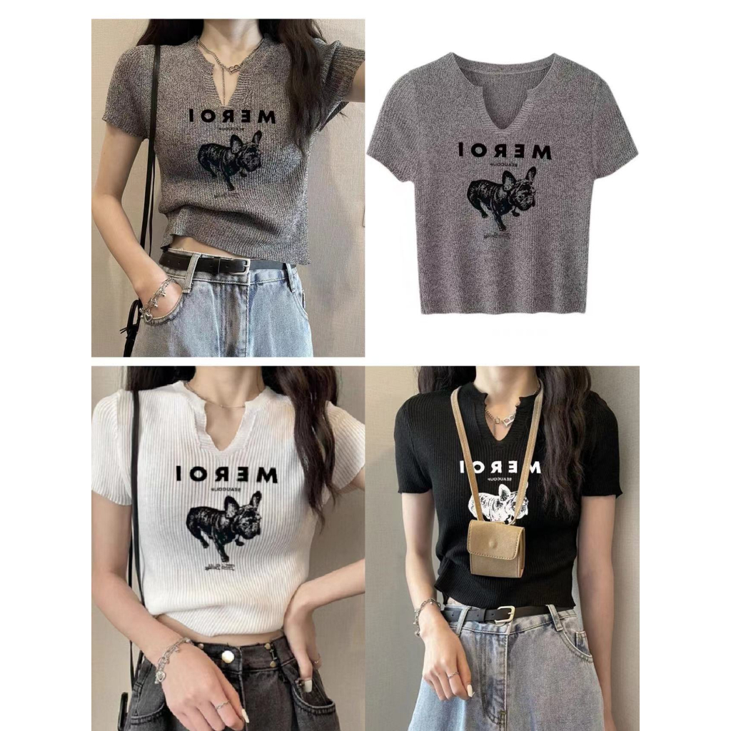 พร้อมส่งเสื้อไหมพรมแขนสั้นใส่เข้ารูปพิมพ์ลาย3799-3