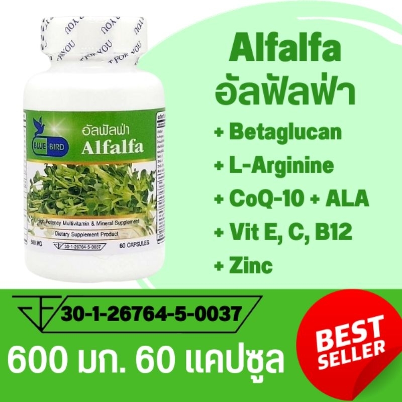 อัลฟัลฟ่า Alfalfa ตรา บลูเบิร์ด ขนาด 600 มิลลิกรัม 60 แคปซูล