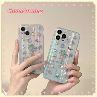 🍑CasePhoneg🍑ป้องกันการหล่น ขอบเต็ม iPhone 11 14 pro max เส้นขอบโปร่งใส เลเซอร์ การ์ตูน สไตล์ฤดูร้อนcase for iPhone 12 13