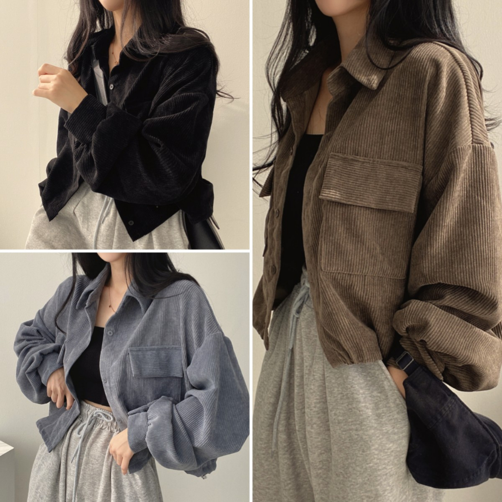 COD🏆PBB0035🏆เสื้อเชิ้ตทำงานคอปกแขนยาวผู้หญิง เสื้อแบบมีกระเป๋าแฟชั่นเกาหลีสไตล์สตรีท vintage ใส่ได้ท