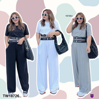 TwinsShopVip💗พร้อมส่ง TW18726 Set #Bigsize 2 ชิ้น เซทเสื้อแขนสั้น แต่งขอบยาง + กางเกงขายาว ..